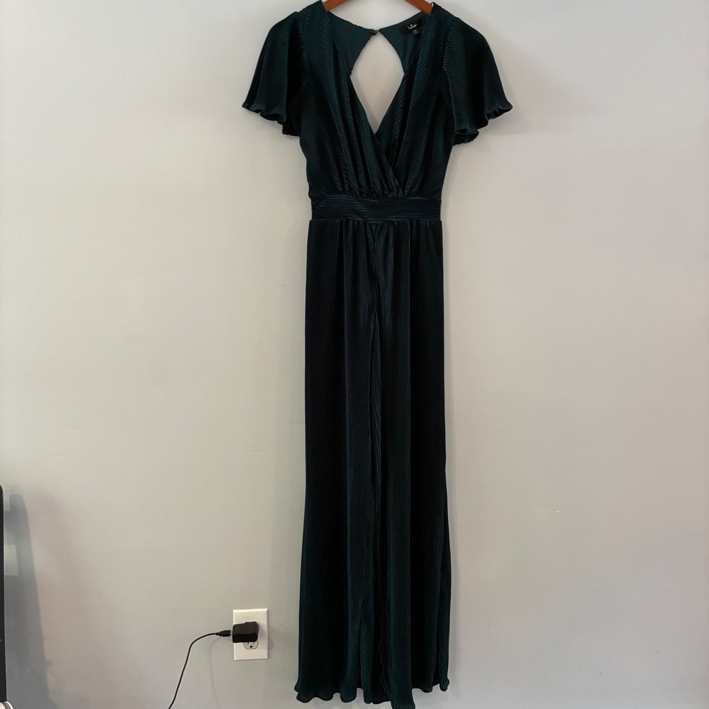 Lulus Jumpsuit XS Green Pleated Wide Leg Flutter Sleeve Wedding Party Cocktail